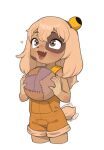 1girl absurdres animal_nose ball blush brown_eyes brown_hair brown_overalls child dofus dog_girl fang female_child furry furry_female hair_ornament heart highres lilotte_(dofus) motion_blur open_mouth opossumachine overall_shorts overalls short_hair short_shorts shorts smile solo tail tail_wagging 