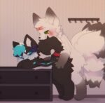  ambiguous_gender anthro black_body black_fur blush canid canine doggystyle dresser duo fox from_behind_position fur furniture genitals hi_res hooks male male/male mammal penis pervenche sex white_body white_fur wings 