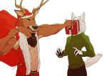  absurd_res anthro arctic_fox beard canid canine canis chest_tuft christmas clothing costume deer depictionexpress duo duo_focus facial_hair fox gift gift_box green_clothing group hi_res holidays male male/male mammal muscular muscular_anthro muscular_male pawpads red_clothing santa_costume simple_background slim_male stunned tuft 
