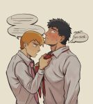  2boys absurdres adjusting_clothes adjusting_necktie black_hair blush closed_mouth collared_shirt couple english_text highres kentret male_focus mob_psycho_100 multiple_boys necktie nervous open_mouth orange_hair reigen_arataka serizawa_katsuya shirt short_hair simple_background sweat sweating_profusely upper_body white_shirt yaoi 