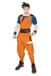  1boy adapted_costume belt black_hair blue_footwear blue_shirt clenched_hands commentary dragon_ball dragon_ball_z english_commentary full_body highres jumpsuit looking_at_viewer male_focus orange_jumpsuit pocket rye_d0 scar scar_across_eye shirt shoes short_hair short_sleeves simple_background solo son_gohan son_gohan_(future) standing white_background wristband zipper 