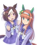  2girls animal_ears as&#039;maria bow bowtie brown_hair clenched_hands closed_mouth cropped_torso ear_bow ear_covers green_eyes hands_up horse_ears horse_girl horse_tail long_hair long_sleeves looking_at_viewer multicolored_hair multiple_girls open_mouth orange_hair purple_eyes purple_shirt purple_skirt sailor_collar school_uniform shirt silence_suzuka_(umamusume) skirt special_week_(umamusume) tail tracen_school_uniform two-tone_hair umamusume upper_body v_ar 
