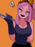  ! !! :d bare_shoulders black_gloves black_shirt boku_no_hero_academia breasts cleavage collarbone commentary crosshair_pupils gloves goggles goggles_on_head hatsume_mei highres holding holding_wrench large_breasts orange_background partially_fingerless_gloves pink_hair ribbed_shirt sanekome shirt smile symbol-shaped_pupils tank_top wrench yellow_eyes 