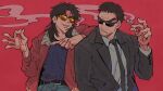  2boys arm_on_shoulder belt black_belt black_jacket black_necktie blazer bomber_jacket brown_jacket cigarette collared_shirt commentary_request endou_yuuji facial_hair goatee grey_shirt highres holding holding_cigarette inudori itou_kaiji jacket kaiji long_hair looking_at_another male_focus medium_bangs money_gesture multiple_boys necktie open_clothes open_jacket open_mouth parted_bangs red_background scar scar_on_hand shirt short_bangs short_hair simple_background smile smoking suit sunglasses tinted_eyewear upper_body very_short_hair white_shirt yellow-tinted_eyewear 