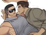  2boys accidental_touch bara beard_stubble dark-skinned_male dark_skin falling from_side grey_hoodie highres hood hoodie large_pectorals liliiliillj long_sideburns looking_at_another male_focus mature_male motion_lines multiple_boys muscular muscular_male mustache_stubble original pectorals sanpaku short_hair sideburns sidepec sleeveless sleeveless_hoodie sunglasses thick_eyebrows undercut upper_body wide-eyed yaoi 