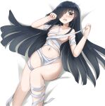  1girl alternate_costume bandages black_hair blush breasts claw_pose commentary fang feet_out_of_frame grey_eyes hair_over_one_eye hayashimo_(kancolle) highres kantai_collection long_hair lying medium_breasts navel on_back redundant-cat solo underboob very_long_hair 