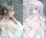  1girl animification art_vs_artist artist_self-insert bare_shoulders blue_eyes blush breasts cleavage closed_mouth collarbone commentary english_commentary grey_hair hair_between_eyes hair_ornament highres huge_breasts large_breasts long_hair looking_at_viewer machi_(7769) making-of_available mole mole_on_breast off_shoulder original patreon_username real_life self-portrait shirt smile sweat white_shirt wide_sleeves 