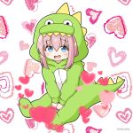  1girl :d :o between_legs blue_eyes bocchi_the_rock! commentary_request dinosaur_costume dinosaur_hood gotou_hitori grey_background hair_between_eyes hand_between_legs heart heart_background hood hood_up long_hair looking_away looking_down mitya parted_lips pink_hair simple_background sitting smile solo sparkle twitter_username white_background 