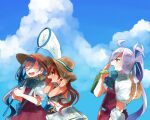  3girls ahoge aqua_bow aqua_bowtie asashimo_(kancolle) blue_hair blush bow bowtie brown_eyes brown_hair butterfly_net closed_eyes cloud cloudy_sky collared_shirt day dress fang grey_eyes grey_hair hand_net hat holding holding_butterfly_net itomugi-kun kantai_collection kiyoshimo_(kancolle) libeccio_(kancolle) long_hair low_twintails multicolored_hair multiple_girls neckerchief open_mouth outdoors pleated_dress purple_dress sailor_dress shirt short_sleeves skin_fang sky sleeveless sleeveless_dress smile sun_hat twintails white_dress white_shirt 
