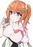  1girl blush breasts cafe_stella_to_shinigami_no_chou cleavage collarbone commentary eyelashes eyes_visible_through_hair food green_skirt hair_between_eyes hair_ornament hair_scrunchie hairclip hand_up highres holding holding_food imagawayaki large_breasts long_hair looking_at_viewer orange_hair oruto_(ort+) parted_lips pink_shirt purple_eyes red_ribbon ribbon scrunchie shirt short_sleeves side_ponytail simple_background sketch skirt solo sumizome_nozomi upturned_eyes white_background wrist_scrunchie 