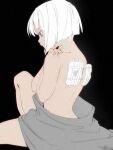  1girl angel bandaid black_background bob_cut cloak commentary_request from_behind from_side gr_7 grey_hair hand_on_own_shoulder hands_up highres injury knee_up looking_ahead no_wings nude original self_hug short_hair simple_background sitting solo under_covers white_hair 