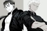  2boys archer_(fate) buttons closed_mouth collared_shirt crossed_arms cu_chulainn_(fate) earrings fang fate/stay_night fate_(series) fingernails forehead frown jacket jewelry long_hair looking_at_viewer male_focus monochrome multiple_boys nkt_(000) open_clothes open_jacket ponytail shirt short_hair simple_background split_mouth split_screen toned toned_male 