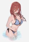  1girl ;d absurdres bikini blue_bikini blue_eyes breasts brown_hair cleavage collarbone go-toubun_no_hanayome hair_between_eyes highres large_breasts long_bangs long_hair looking_at_viewer nakano_miku navel one_eye_closed smile solo sooon stomach swimsuit wading water 