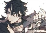  1boy :| animal_ears black_gloves black_hair closed_mouth coat earrings expressionless fingerless_gloves fur_trim genshin_impact gloves jewelry male_focus scar scar_on_neck short_hair simple_background solo toriyoshi upper_body white_background wriothesley_(genshin_impact) 