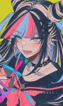  1girl :d artist_name black_collar black_hair black_sailor_collar blunt_bangs bow bowtie braces bracket collar collarbone criis-chan cup danganronpa_(series) danganronpa_2:_goodbye_despair disposable_cup drinking_straw ear_piercing earrings green_hair hair_horns holding holding_cup jewelry mioda_ibuki mouth_piercing multicolored_hair piercing pink_bow pink_bowtie pink_eyes pink_hair portrait sailor_collar simple_background smile solo teeth tongue tongue_piercing two-sided_bow white_hair yellow_background 