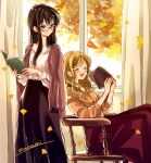  2girls :d artist_name black-framed_eyewear black_skirt blush book brown_cardigan brown_hair buttons cardigan chair closed_eyes closed_mouth collared_shirt commentary_request curtains falling_leaves ginkgo_leaf glasses happy himawari-san himawari-san_(character) holding holding_book indoors kakitsubata_ayame_(himawari-san) leaf light_brown_hair long_hair long_neck long_skirt long_sleeves looking_at_another multiple_girls nail_polish on_chair open_book open_cardigan open_clothes open_mouth purple_eyes red_nails red_skirt shirt shirt_tucked_in signature sitting skirt smile standing sugano_manami white_shirt window 