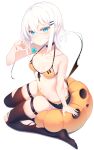  1girl belt bikini black_shorts black_thighhighs blue_eyes blush breasts candy cleavage closed_mouth food hair_between_eyes hair_over_one_eye halloween highres holding holding_candy holding_food holding_lollipop lollipop looking_at_viewer medium_breasts orange_belt orange_bikini original otokuyou ringo-chan_(otokuyou) short_hair shorts simple_background solo swimsuit tail thigh_strap thighhighs thighs torn_clothes torn_thighhighs white_background white_hair 