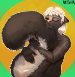  anthro big_tail brown_body brown_eyes brown_fur embrace female fur hair hi_res hug mammal mephitid pink_nose skunk smile smiley_face solo solo_focus tail tail_hug tomboy udjina white_body white_fur white_hair 