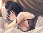  1girl artist_name bare_shoulders bed bed_sheet black_camisole black_hair blush breasts camisole closed_mouth commentary english_commentary highres hololive hololive_english indoors large_breasts long_hair looking_at_viewer lying multicolored_hair on_bed pillow shiori_novella sleeveless solo spaghetti_strap split-color_hair sunset_skyline two-tone_hair white_hair yellow_eyes 