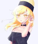  1girl black_headwear blonde_hair breasts cleavage clothes_writing commentary earrings english_text grey_background hecatia_lapislazuli hecatia_lapislazuli_(moon) jewelry looking_at_viewer medium_hair off-shoulder_shirt off_shoulder parted_lips polos_crown shirt simple_background symbol-only_commentary touhou upper_body utagi_0216 yellow_eyes 