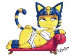  absurd_res anijesse animal_crossing ankha_(animal_crossing) anthro bandage chair domestic_cat felid feline felis female frown furniture hand_on_hip hi_res lounge_chair lying mammal nintendo on_side simple_background solo white_background wide_hips 