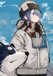  1girl absurdres animal beanie blue_hair closed_mouth coat dog expressionless eyes_visible_through_hair hair_over_one_eye hands_in_pockets hat highres leadin_the_sky looking_ahead outdoors purple_eyes scarf shima_rin short_hair sketch sky solo standing white_coat yurucamp 