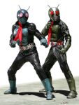  2boys antennae aqua_armor aqua_footwear aqua_gloves armor armored_bodysuit artist_name black_mask commentary_request compound_eyes dias_(tajima_kouki) fighting_stance full_body gloves green_armor green_footwear green_gloves green_mask highres kamen_rider kamen_rider_1 kamen_rider_2 kamen_rider_the_first multiple_boys partial_commentary pink_eyes red_eyes rider_belt shoulder_armor simple_background standing typhoon_(kamen_rider) white_background 