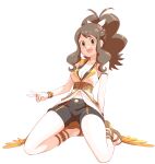  1girl black_shorts breasts brown_hair cleavage collarbone highres hilda_(pokemon) hilda_(sygna_suit)_(pokemon) kneeling looking_at_viewer midriff navel official_alternate_costume open_mouth pokemon pokemon_(game) pokemon_masters_ex ponytail sandals shorts simple_background smile solo u4_99384295 v white_background 
