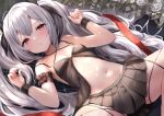  1girl arm_garter azur_lane babydoll bare_shoulders black_babydoll black_ribbon black_skirt blush breasts commentary feet_out_of_frame fishnet_pantyhose fishnets grey_hair hair_between_eyes hair_ribbon hands_up laffey_(azur_lane) laffey_(lazy_days)_(azur_lane) long_hair looking_at_viewer lying manda_(manda9n) miniskirt navel official_alternate_costume on_back pantyhose parted_lips pink_eyes pleated_skirt revealing_clothes revision ribbon skirt small_breasts solo spread_legs stomach twintails wrist_cuffs 