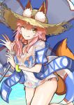  1girl animal_ear_fluff animal_ears beach_umbrella bikini bikini_under_clothes blue_bikini breasts cleavage commentary_request ears_through_headwear fate/grand_order fate_(series) fox_ears fox_girl fox_print fox_tail hat highres innertube kamesan231 large_breasts long_hair looking_at_viewer one_eye_closed outdoors pink_hair shirt side-tie_bikini_bottom solo straw_hat swimsuit t-shirt tail tamamo_(fate) tamamo_no_mae_(swimsuit_lancer)_(fate) tamamo_no_mae_(swimsuit_lancer)_(second_ascension)_(fate) tongue umbrella wet wet_clothes wet_shirt yellow_eyes 