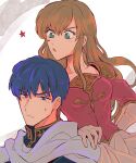  1boy 1girl angry blonde_hair blue_coat blue_eyes blue_hair cape coat couple earrings finn_(fire_emblem) fire_emblem fire_emblem:_genealogy_of_the_holy_war green_eyes hand_on_another&#039;s_shoulder hetero jewelry lachesis_(fire_emblem) long_hair looking_at_viewer noshima open_mouth pink_shirt shirt white_cape 