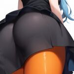  1girl ass ass_focus black_shirt black_skirt blue_hair close-up from_behind from_below hololive hoshimachi_suisei miniskirt non-web_source orange_pantyhose pantyhose shirt simple_background skirt solo standing thighs virtual_youtuber white_background 