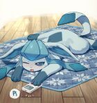  blush controller glaceon highres indoors kaminokefusa lying no_humans on_floor on_stomach one_eye_closed open_mouth pokemon pokemon_(creature) remote_control rug solo sound_effects speech_bubble wooden_floor 
