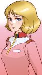  1girl absurdres aobito_sukoyaka_bystander blonde_hair blue_eyes breasts closed_mouth collarbone gundam highres lips looking_at_viewer military military_uniform mobile_suit_gundam sayla_mass short_hair solo uniform 