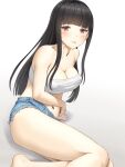  1girl bandeau bare_shoulders black_hair blue_shorts blunt_bangs blush breasts cleavage collarbone commentary_request covered_nipples denim denim_shorts gradient_background grey_background highres large_breasts long_hair looking_at_viewer meow_(nekodenki) midriff navel open_mouth original red_eyes shorts sitting solo thighs 