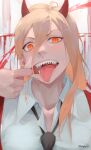  1girl black_necktie blonde_hair chainsaw_man cheek_pull collared_shirt cross-shaped_pupils demon_girl demon_horns hemokinesis highres horns jacket necktie niri_(eunhaha02) open_mouth power_(chainsaw_man) red_horns red_jacket sharp_teeth shirt symbol-shaped_pupils teeth tongue tongue_out upper_body white_shirt 