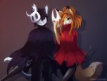  2023 anthro arthropod breasts canid canine canis cloak clothed clothing cosplay digital_media_(artwork) domestic_cat duo eipril elisabeth_(eipril) felid feline felis female fox hair halloween hi_res holidays hollow_knight hornet_(hollow_knight) insect male mammal mask melee_weapon rouen_(eipril) silksong sword team_cherry weapon widescreen 