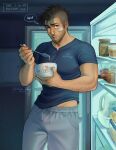  1boy absurdres bandaid bandaid_on_cheek bandaid_on_face bara black_hair black_shirt bowl bulge call_of_duty call_of_duty:_modern_warfare_2 english_text facial_hair grey_pants hello_kitty highres holding holding_bowl holding_spoon large_pectorals male_focus mindiearts muscular muscular_male pants pectorals sanrio shirt short_hair soap_(modern_warfare_2) solo spoon twitter_username 