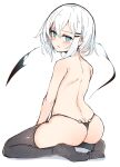  1girl ass black_panties black_thighhighs blue_eyes blush from_behind hair_ornament hairclip highres legs looking_at_viewer looking_back no_shoes o-ring open_mouth original otokuyou panties ringo-chan_(otokuyou) simple_background sitting soles solo thighhighs thong topless underwear wariza white_background white_hair 