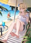 1other 2girls :q absurdres bare_legs bare_shoulders barefoot beach beach_chair beach_umbrella black_shorts blonde_hair blue_sky breasts cloud commentary_request day flower genshin_impact grey_hair hair_between_eyes hair_flower hair_intakes hair_ornament highres large_breasts long_hair looking_at_viewer lumine_(genshin_impact) midriff multiple_girls ocean off-shoulder_shirt off_shoulder outdoors paimon_(genshin_impact) radoremo shirt short_shorts short_sleeves shorts sitting sky smile thighs tied_shirt tongue tongue_out umbrella water white_flower white_shirt yellow_eyes 