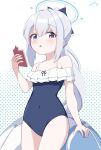  1girl black_one-piece_swimsuit blue_archive blue_halo blush cellphone collarbone covered_navel cowboy_shot flat_chest frilled_one-piece_swimsuit frills grey_hair hair_between_eyes halo highres holding holding_phone inakami long_hair miyako_(blue_archive) miyako_(swimsuit)_(blue_archive) official_alternate_costume one-piece_swimsuit open_mouth phone ponytail purple_eyes smartphone solo swimsuit 