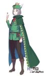  absurdres animal_on_head bird bird_on_head black_pants blue_eyes brown_footwear cape cloak full_body green_cape green_cloak grey_hair hat_feather highres long_sleeves male_focus official_art on_head ootsuka_shin&#039;ichirou otto_suewen pants re:zero_kara_hajimeru_isekai_seikatsu short_hair smile sparrow standing 