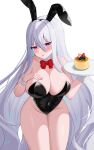  1girl absurdres animal_ears azur_lane blueberry blush bow breasts covered_navel cuffs food fruit hair_between_eyes hand_on_own_chest highres kearsarge_(azur_lane) large_breasts long_hair pastry pink_eyes pink_nails plate playboy_bunny rabbit_ears red_bow simple_background solo strawberry very_long_hair white_background white_hair white_wrist_cuffs yami_(darknight449) 
