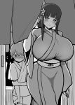  1boy 1girl age_difference blush breasts closed_mouth commentary_request curvy flower hair_flower hair_ornament hanabi_(ocha) highres huge_breasts japanese_clothes kimono long_hair mature_female monochrome obi onee-shota original paid_reward_available sash sidelocks sweat wide_sleeves 