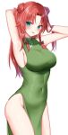  1girl aqua_eyes artist_name blush braid breasts china_dress chinese_clothes closed_mouth covered_navel cowboy_shot dress green_dress groin hands_in_hair highres hong_meiling large_breasts long_hair red_hair shinonome_asu signature simple_background smile solo tongue tongue_out touhou twin_braids white_background 
