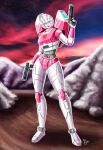  1girl arcee autobot backpack bag blue_eyes breasts colored_skin curvy gun handgun highres humanoid_robot jimbasai mountain narrow_waist panties pink_panties red_lips robot solo thighs transformers underwear weapon 