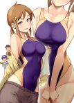  1girl 2boys blue_eyes breasts brown_hair brown_shorts character_request collarbone competition_swimsuit copyright_request covered_navel cowboy_shot head_out_of_frame highres large_breasts long_hair low_twintails multiple_boys multiple_views one-piece_swimsuit purple_one-piece_swimsuit serizawa_(serizawaroom) shorts sidelocks solo_focus swimsuit twintails two-tone_swimsuit undressing 
