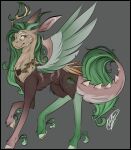  2023 ambiguous_gender antlers black_border black_eyelashes border brown_body brown_ears brown_fur brown_inner_ear chimera cutie_mark discord_(mlp) draconequus equid equine eyebrows feathers feral fluffyfoxarts fluttershy_(mlp) friendship_is_magic fur fusion gold_horseshoe green_body green_eyes green_feathers green_fur green_hair green_hooves green_horn green_mane green_wings grey_background hair hasbro hi_res hooves horn horseshoe hybrid jewelry leaf looking_aside mammal mane moss mouth_closed multicolored_body multicolored_fur my_little_pony necklace pegasus plant side_view signature simple_background snaggle_tooth solo standing tan_antlers tan_body tan_feathers tan_fur tan_hooves tan_wings teeth white_eyebrows wings yellow_body yellow_feathers 