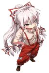  1girl baggy_pants bow collared_shirt foreshortening from_above fujiwara_no_mokou full_body grey_hair hair_bow long_hair looking_at_viewer ofuda ofuda_on_clothes pants red_eyes red_pants shimizu_pem shirt simple_background sleeves_rolled_up solo split_ponytail suspenders touhou very_long_hair white_background white_shirt 