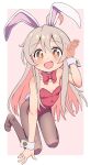  1girl :d ahoge animal_ears bare_arms bare_shoulders black_pantyhose border bow bowtie breasts brown_eyes collarbone colored_inner_hair commentary detached_collar full_body godyuurei grey_hair hair_between_eyes hand_up highres kneeling leotard light_blush looking_at_viewer multicolored_hair no_shoes onii-chan_wa_oshimai! open_mouth oyama_mahiro pantyhose pink_background pink_hair playboy_bunny rabbit_ears rabbit_tail red_bow red_bowtie red_leotard simple_background small_breasts smile solo tail two-tone_hair white_border wrist_cuffs 